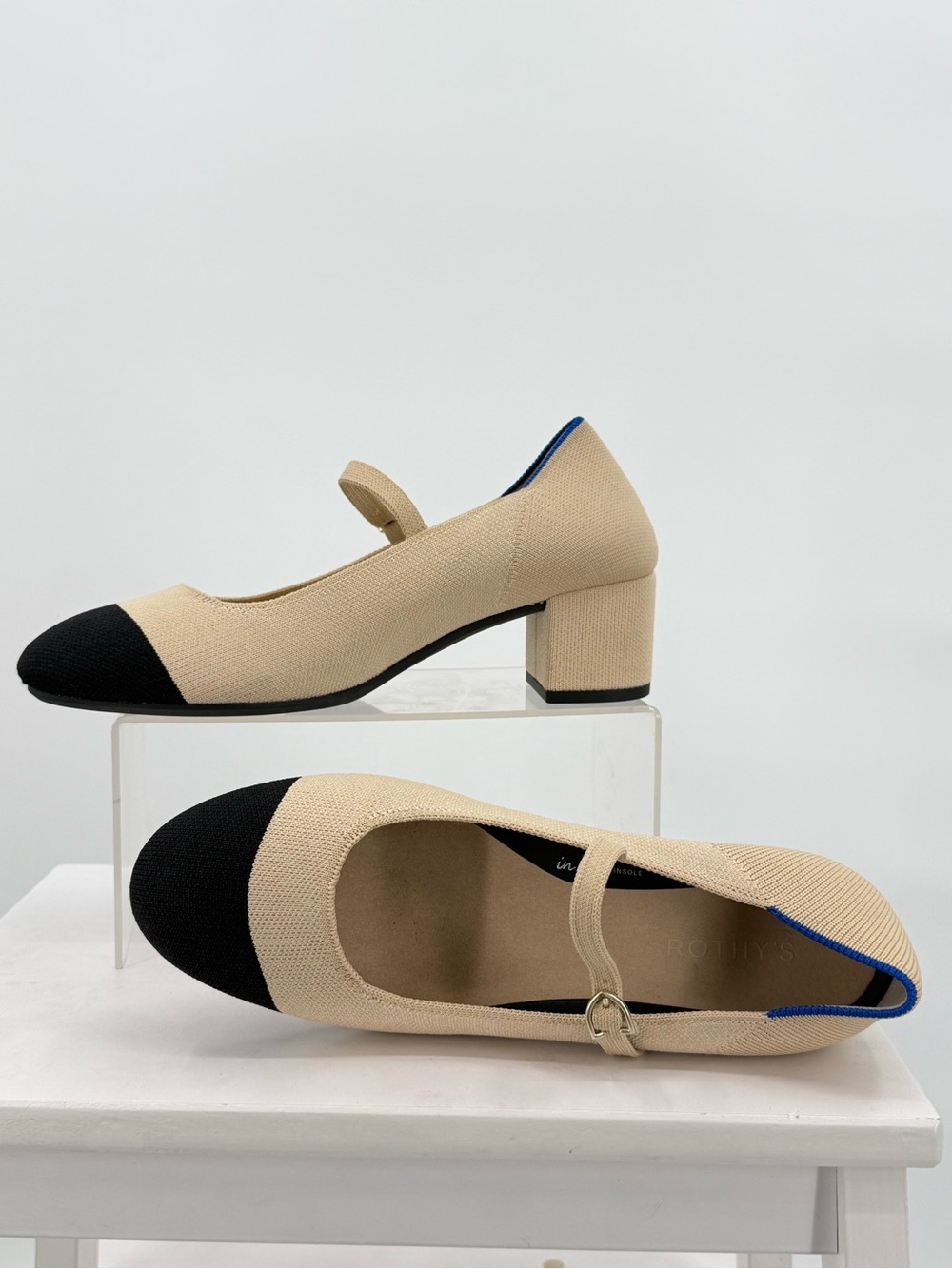 Rothys The Mary Jane Block Heel Cream Black Cap Toe Knit Shoes Pumps Women's 9